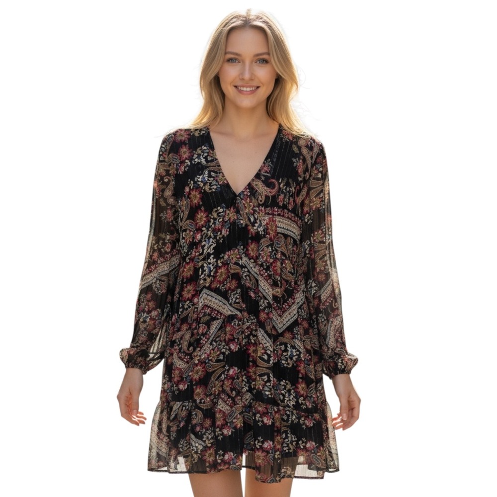 Zara Floral Paisley Print Long Sleeve‎ V Neck Mini Dress
